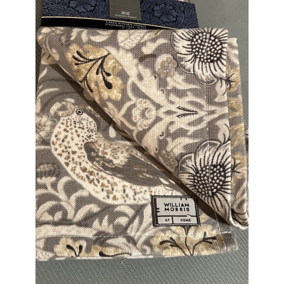 William Morris & Co Kitchen Dish Towels Strawberry Thief Putty Cotton Set of 3 - Picture 4 of 11